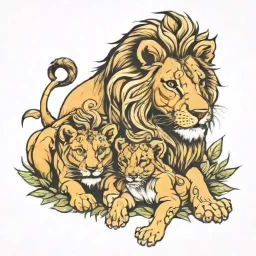 Lion With Cubs Surrounded