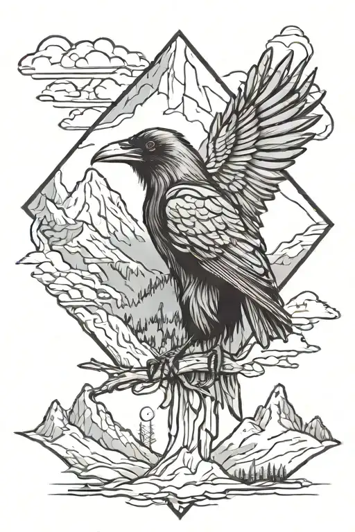 Raven With Mountains In Background