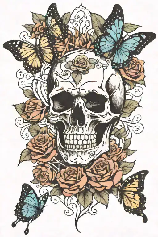 Skull And Roses With Butterflies