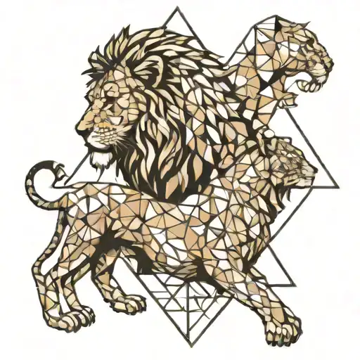 Lion And One Cub Playin On Lioness Geometric Triangles