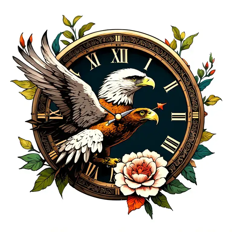 Roman Style Clock Face Flying Eagle And Flower Blooming