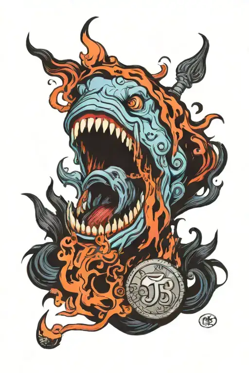 Blue Mouth With Black Flames And Coin Inside Of It