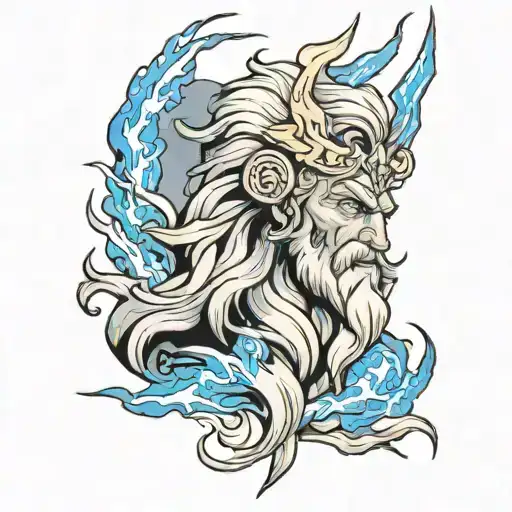 A Black And Gray Tattoo Traditional Zeus With Blue Eyes Holding A Blue Lightning Bolt