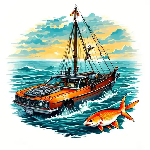 Sea And Boat And Fish And Car Engine And Pistons