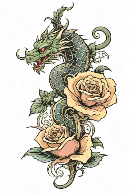 Rose And Stem With A Japanese Dragon Wrapped