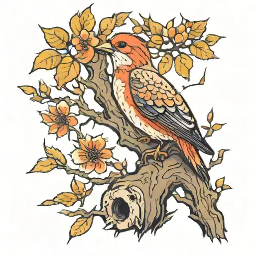 A Lone Bird Sitting On A Tree Trunk