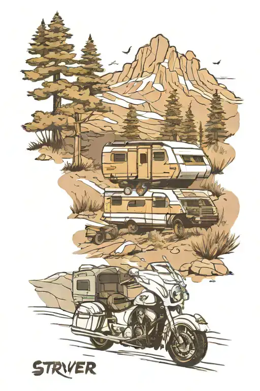 A Stryker Brand Camper In The Woods And A 2019 Indian Roadmaster Motorcycle Going Through Mountains