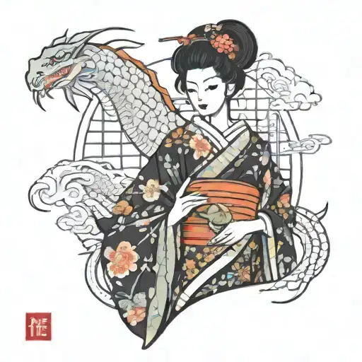 Geisha Holding A Fan With A Dragon Kimono