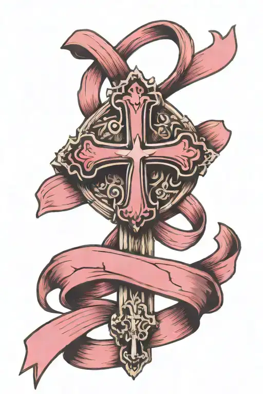 Simple Orthodox Cross With Breast Cancer Ribbon Woven Together