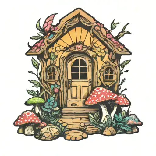 Psychedelic Fairy Door Behind Magic Mushrooms