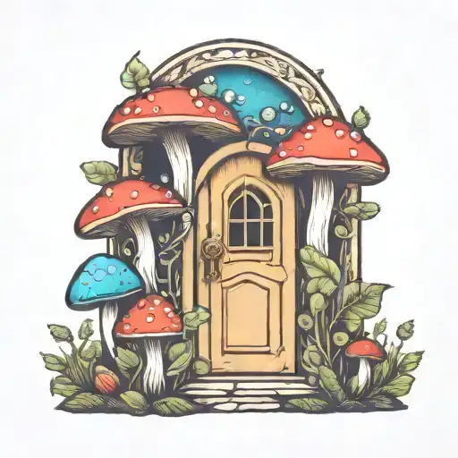 Psychedelic Fairy Door Behind Magic Mushrooms