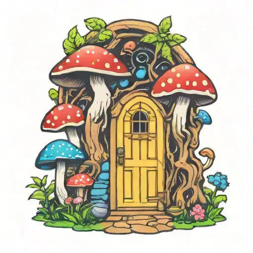 Psychedelic Fairy Door Behind Magic Mushrooms