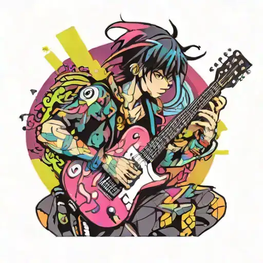 A Neon-colored Anime Character Playing A Guitar With Abstract Art In The Background