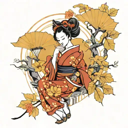 Kitsune Geisha On A Background Of Gingko Leaves