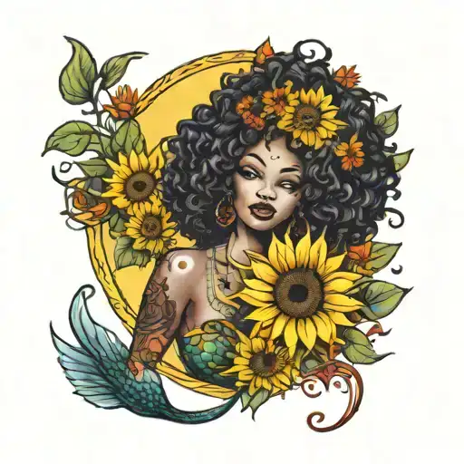 Afro Mermaid With Sunflowers