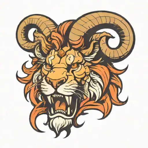An Angry Lion Head With The Horns Of A Ram