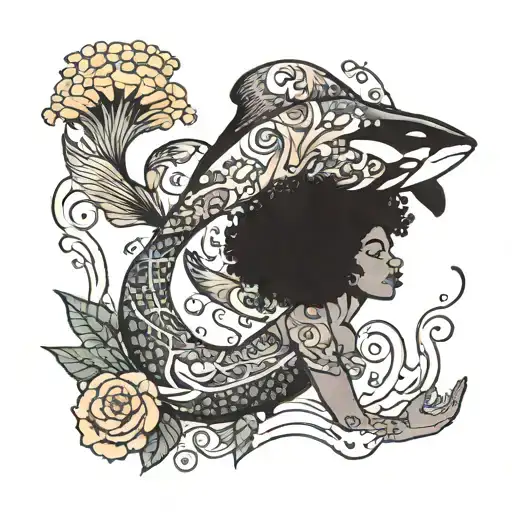 Afro Mermaid Swimming Alongside Orca