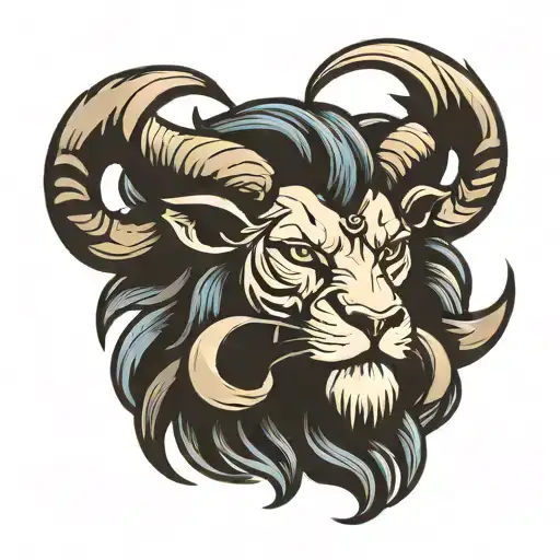 An Angry Lion Head With The Horns Of A Ram