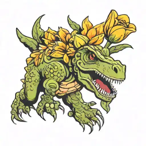 Cute Dinosaur With Sunflower And Tulips