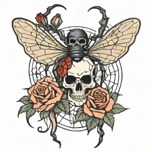 Black Widow Spiders With Webs And A Rose With Skull