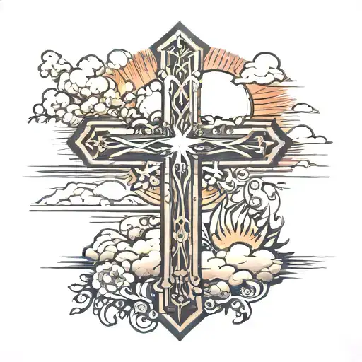 Wooden Cross With Sunset Background