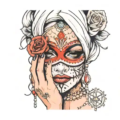 Lady With Mask Covering Her Face With Right Hand And On Finger Has Rosary