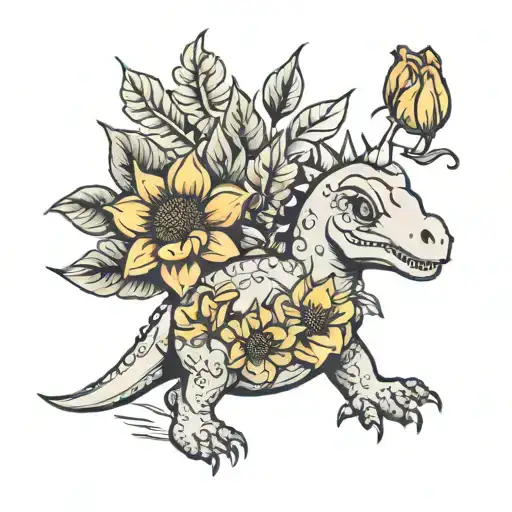 Simple Cute Small Dinosaur With Tulips And Sunflower