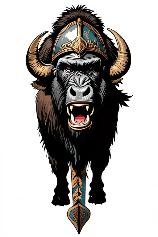 Armored Orangutan Teeth Bared With Helmet And Sword Riding A Bison
