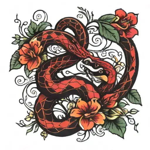 Black And Red Snakes And Flowers Intertwined