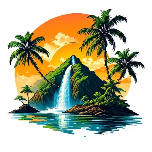High Mountain With Cascade And Down Island With Coconut Palm Trees