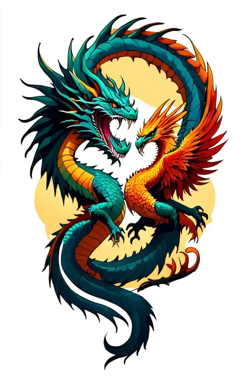 A Dragon And A Fenix Fighting Each Other