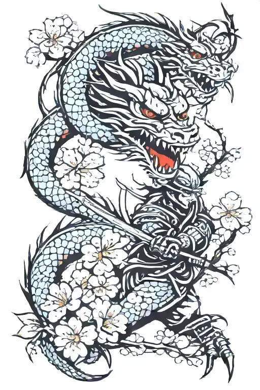 Dragon With Samurai Warrior Holding Sword And Cherry Blossom Tree