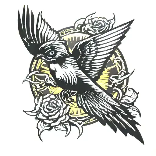 Swallow Flying Face Forward Wings Spread Encapsulated By Shining Golden Sun