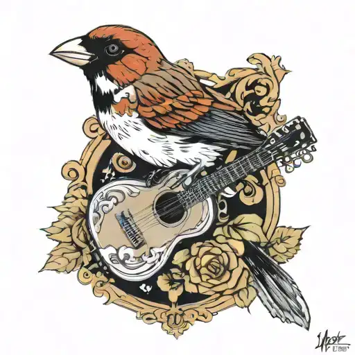 A Sparrow Sitting On The Neck Of A Guitar