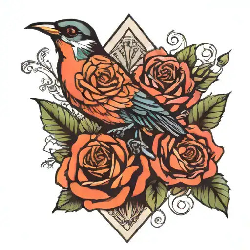 Symmetrical Collarbone Tattoo Design With Diamond Bird And Roses