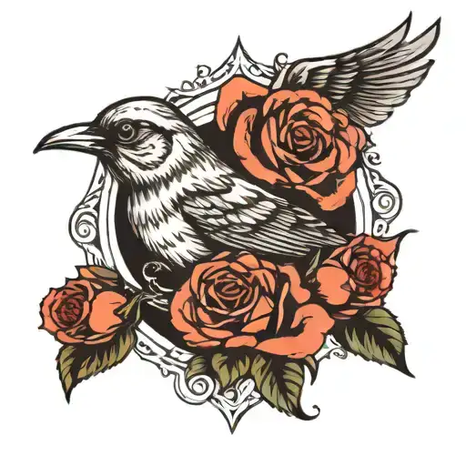 Symmetrical Collarbone Tattoo Design With Bird And Roses