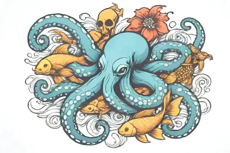 Octopus And Koi Fish Swimming Together