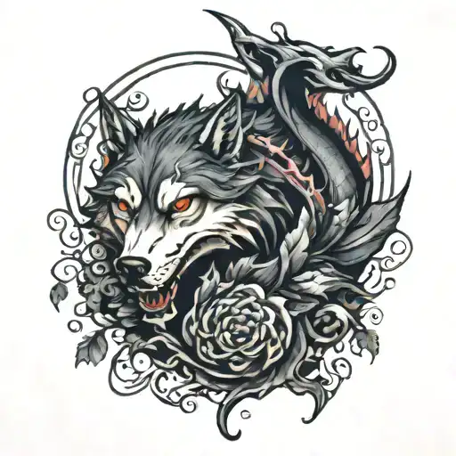 A Wolf And Dragon Intertwined In A Dark Romance Scene