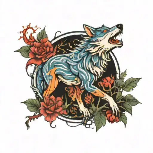 Fantasy Tattoo Of A Wolf And Dragon In A Mystical Forest Setting