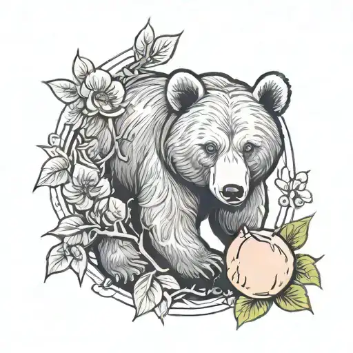 Bear Cub And Peach Tree Surrounded