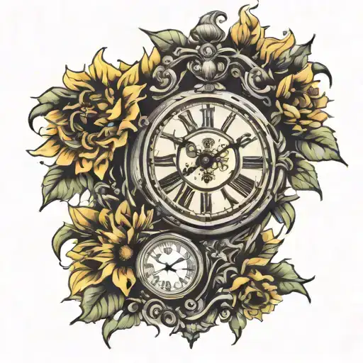 Grandfather Clock Surrounded With Sunflowers