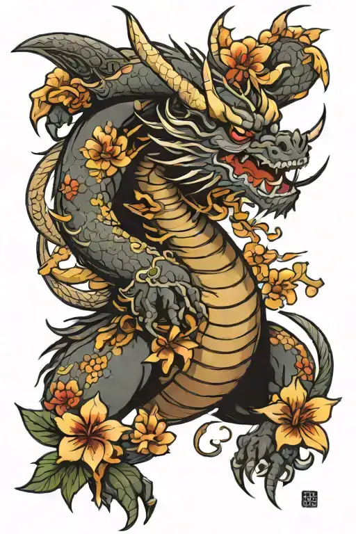 Samurai Dragon With Flowers