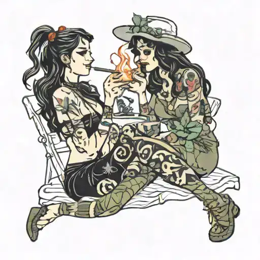 Kindred Souls Bonfire Two Sexy Ladies Smoking Weed And Drinking Camping