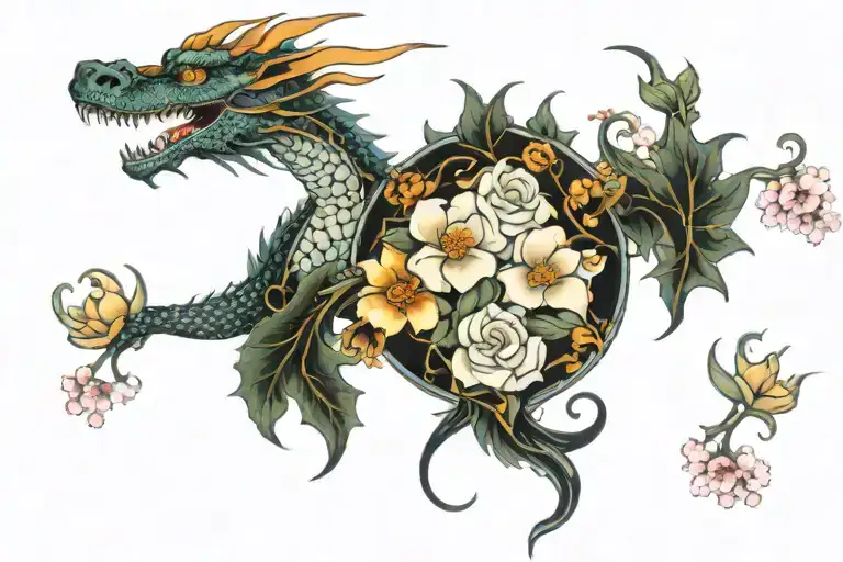 1 Pretty Dragon And Flowers Intertwined