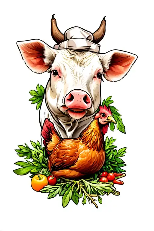 Chef Food Items Cow Head Pig And Herbs And Chicken