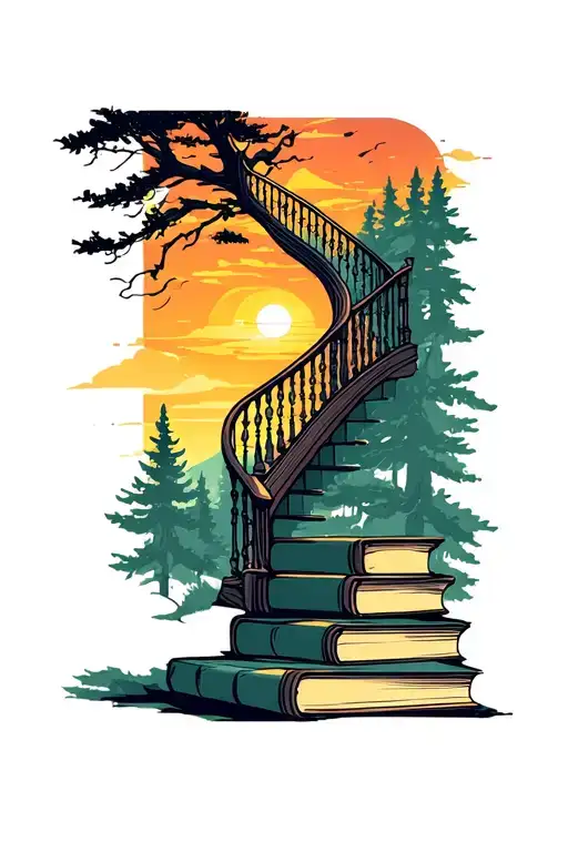 Book Staircase Leading Into Forest Sunset Sky