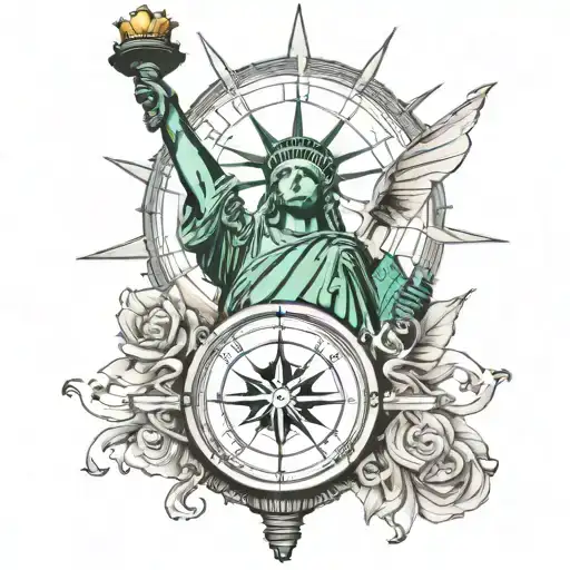 Upper Portiom Of Statue Of Liberty And A Nautical Compass