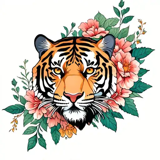 Full Tiger With Flowers Intertwined
