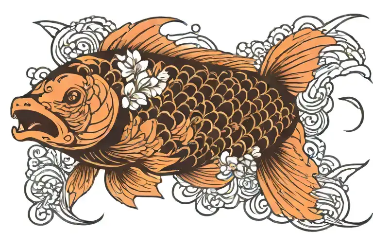 Japanese Tattoo Carp Flowers Wave Lines Black
