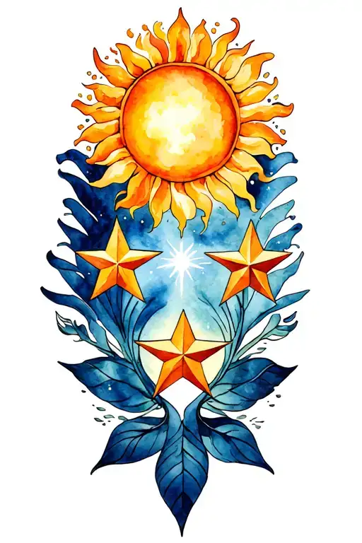 3 Stars And A Sun Watercolor Tattoo Design Combining Elements